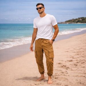 Khaki Utility Cargo Pants – Luxe Cotton Blend with Drawstring Hem